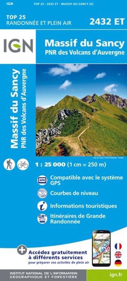 Carte IGN massif du sancy parc national volcans auvergne 2432ET série Top 25