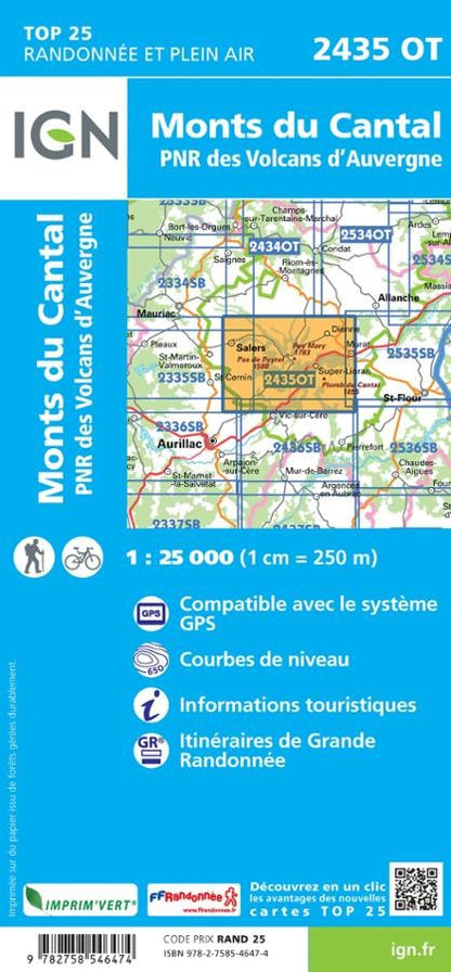 Carte IGN monts cantal parc national des volcans auvergne 2435OT série Top 25