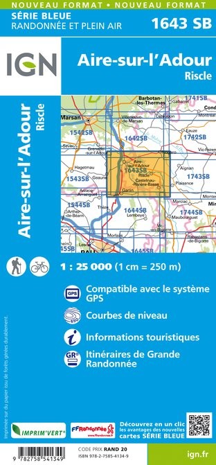 Carte randonnée Aire sur l'Adour/Riscle | série Bleue IGN