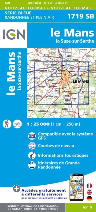 Carte randonnée Le Mans/La Suzu sur Sarthe | série Bleue IGN