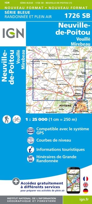 Carte randonnée Neuville de Poitou - Vouillé - Mirebeau | série Bleue IGN