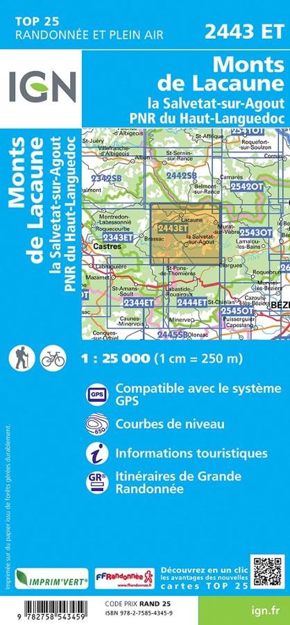 Carte IGN monts de lacaune la salvetat sur agout 2443ET série Top 25