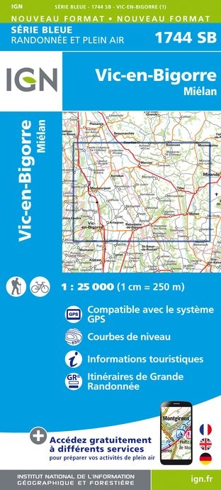 Carte randonnée Vic en Bigorre/Miélan | série Bleue IGN