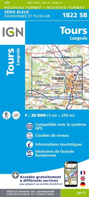 Carte randonnée Tours / Langais | série Bleue IGN