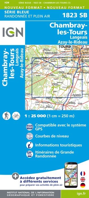 Carte randonnée Chambray-les-Tours/Langeais/Azay-le-Rideau | série Bleue IGN