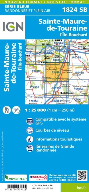 Carte randonnée Sainte Maure de Touraine - L'île Bouchard | série Bleue IGN