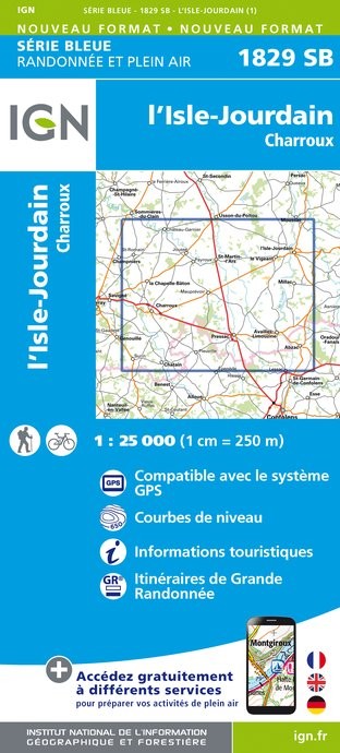 Carte randonnée l'Ile Jourdain/Charroux (Vienne) | série Bleue IGN