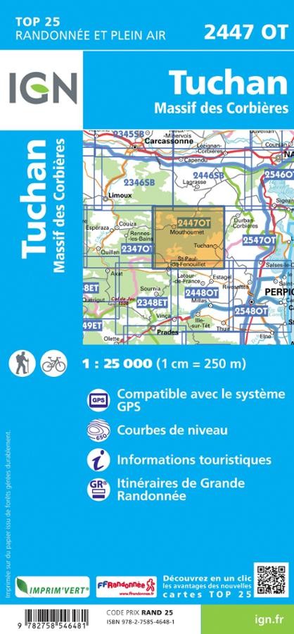 Carte IGN tuchan massif des cordbieres 2447OT série Top 25