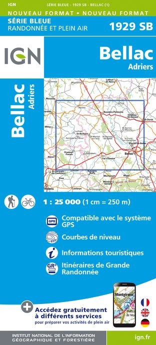 Carte randonnée Bellac.Adriers  | série Bleue IGN