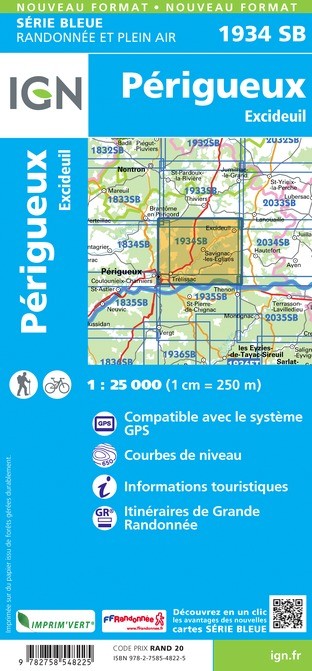 Carte randonnée Périgueux/Excideuil  | série Bleue IGN