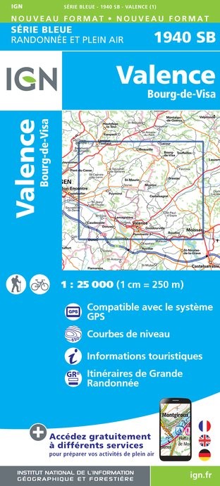 Carte randonnée Valence/Bourg-de-Visa | série Bleue IGN