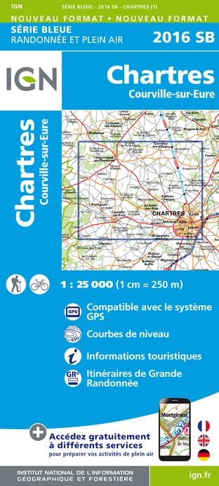 Carte randonnée Chartres -  Courville sur Eure | série Bleue IGN