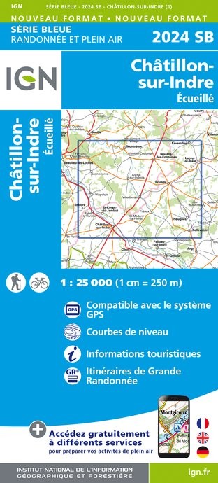 Carte randonnée Chatillon sur Indre - Ecueillé | série Bleue IGN