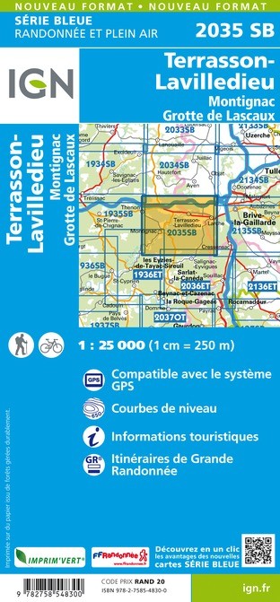 Carte randonnée Terrasson/Lavilledieu-Montignac/Grotte de Lascaux | série Bleue IGN