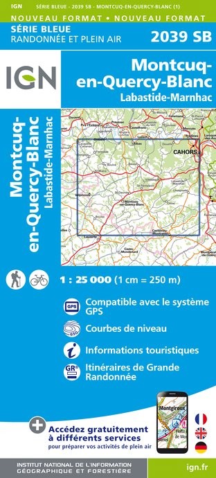 Carte randonnée Montcuq en Quercy Blanc/Labastide-Marnhac | série Bleue IGN