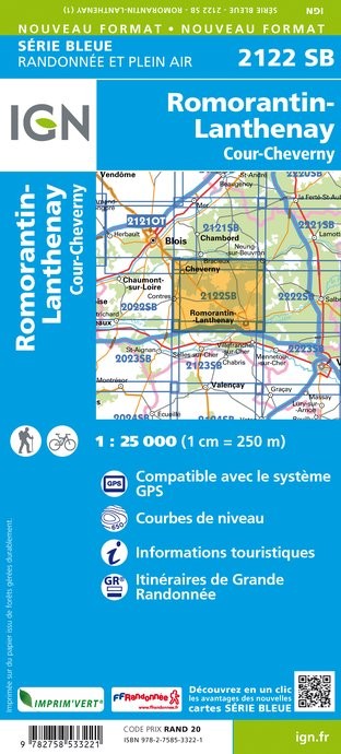 Carte randonnée Romorantin Lanthenay - Cour Cheverny | série Bleue IGN