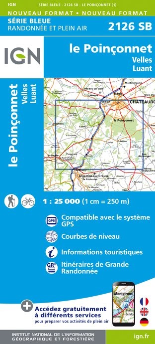 Carte randonnée Le Poinçonnet/Velles/Luant | série Bleue IGN