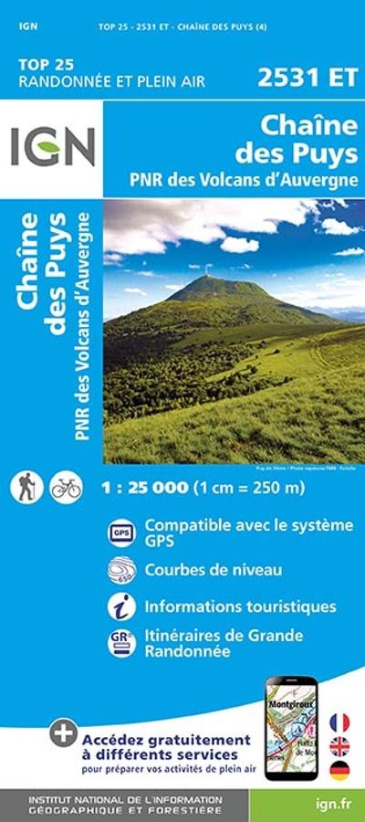 Carte IGN chaine des puys parc national volcans auvergne 2531ET série Top 25