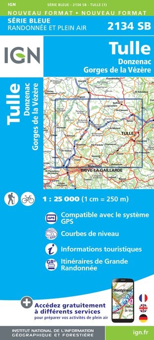 Carte randonnée Tulle/Donzenac/Gorges de la Vézère | série Bleue IGN