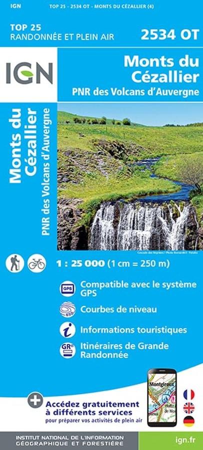 Carte IGN monts du cezallier parc national volcans auvergne 2534OT série Top 25