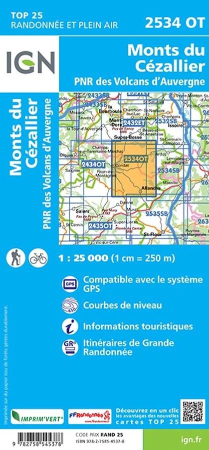 Carte IGN monts du cezallier parc national volcans auvergne 2534OT série Top 25