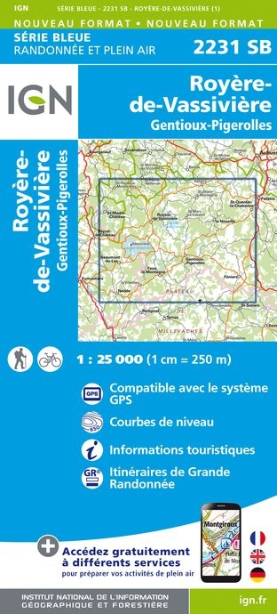 Carte randonnée Royère-de-Vassivière/Gentioux-Pigerolles | série Bleue IGN