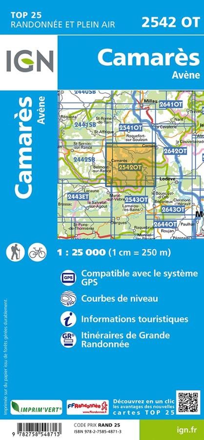 Carte IGN Camarès Avène 2542OT série Top 25