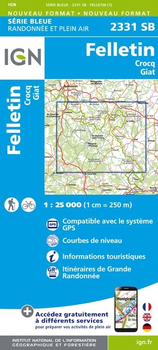 Carte randonnée Felletin/Crocq/Giat | série Bleue IGN