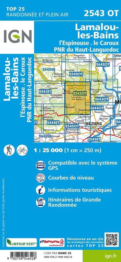 Carte IGN lamalou les bains espinouse le caroux 2543OT série Top 25