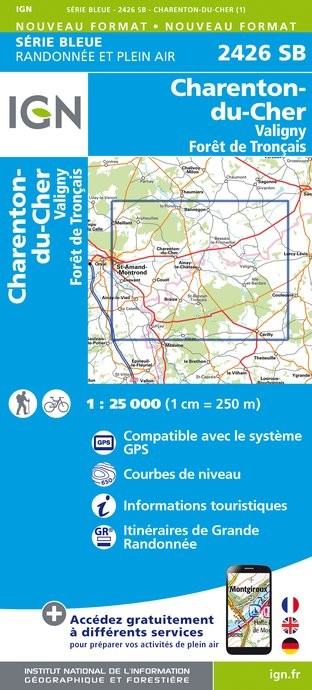 Carte randonnée Charenton-du-Cher/Valigny/Forêt de Tronçais | série Bleue IGN