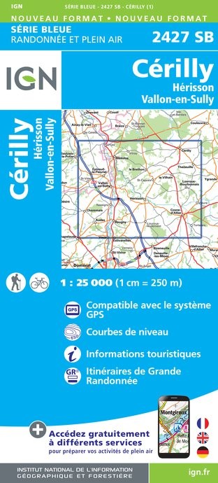 Carte randonnée Cerilly/Hérisson/Vallon en Sully | série Bleue IGN