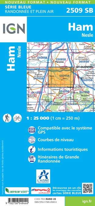 Carte randonnée Ham.Nesle (remplace 2509O et 2509E) | série Bleue IGN