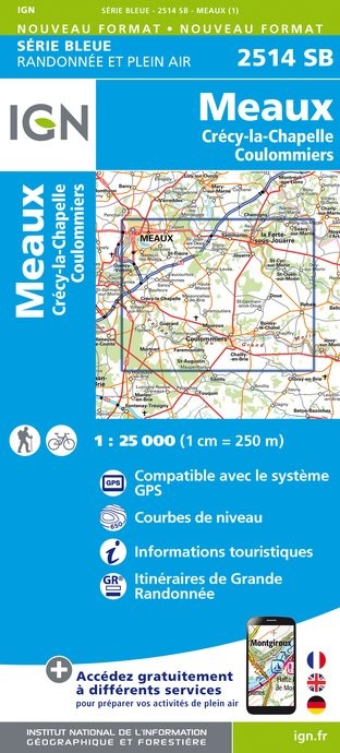 Carte randonnée Meaux Sud Est/Crécy la Chapelle/Coulommiers | série Bleue IGN