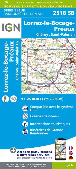 Carte randonnée Lorrez-le-Bocage-Préaux/Chéroy/St-Valérien  | série Bleue IGN