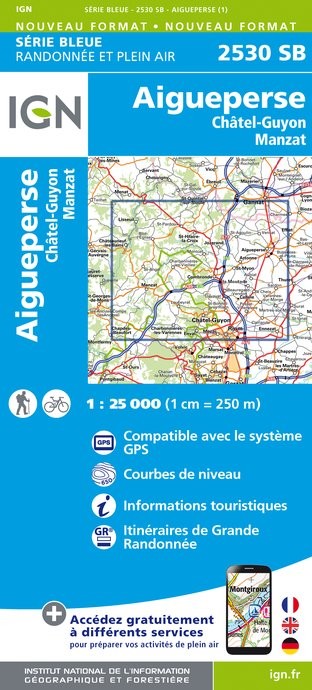 Carte randonnée Aigueperse/Chatelguyon/Manzat | série Bleue IGN