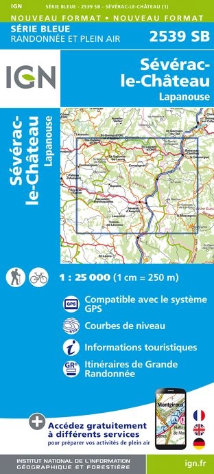 Carte randonnée Sévérac-le-Château/Lapanouse (remplace 2539O et 2539E) | série Bleue IGN