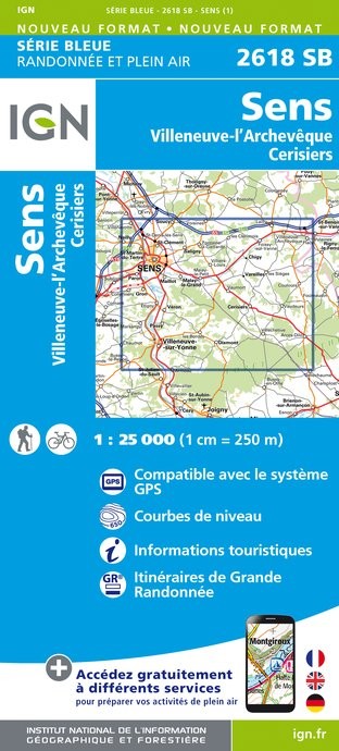 Carte randonnée Sens/Villeneuve l'Achevêque/Cerisiers | série Bleue IGN