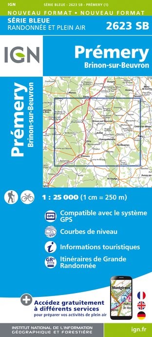 Carte randonnée Premery/Brinon sur Beuvron | série Bleue IGN