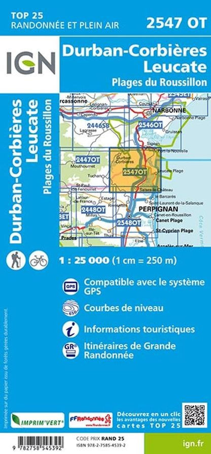 Carte IGN durban corbiere leucate plages du roussillon 2547OT série Top 25