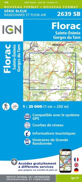 Carte randonnée Florac/Ste-Énimie/Gorges du Tarn | série Bleue IGN