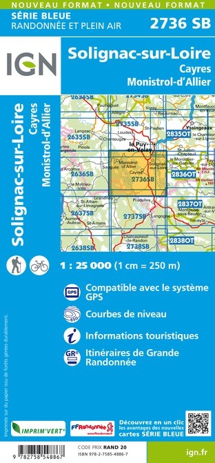 Carte randonnée Solignac-sur-Loire/Cayres.Monistrol-d'Allier | série Bleue IGN