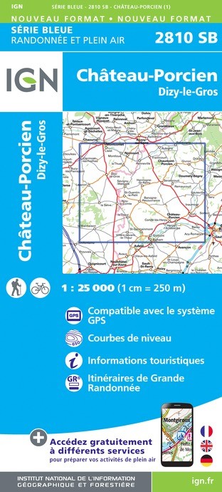 Carte randonnée Château-Porcien.Dizy-le-Gros | série Bleue IGN