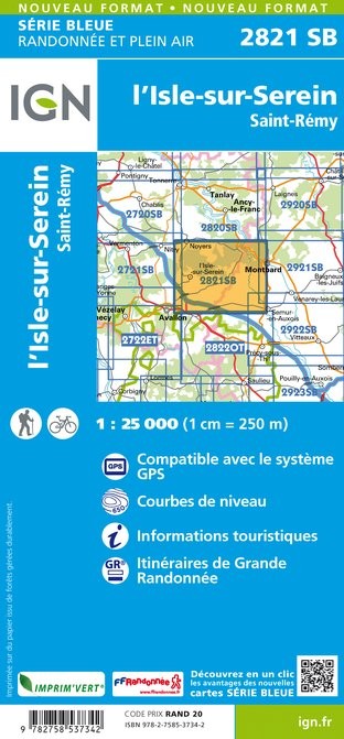 Carte randonnée l'Isle-sur-Serein/Saint-Remy/ | série Bleue IGN