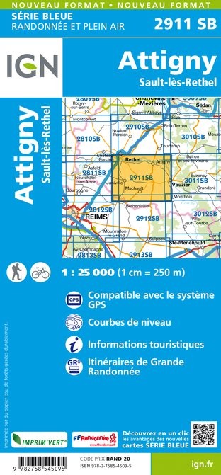 Carte randonnée Attigny/Sault-Les-Rethel | série Bleue IGN