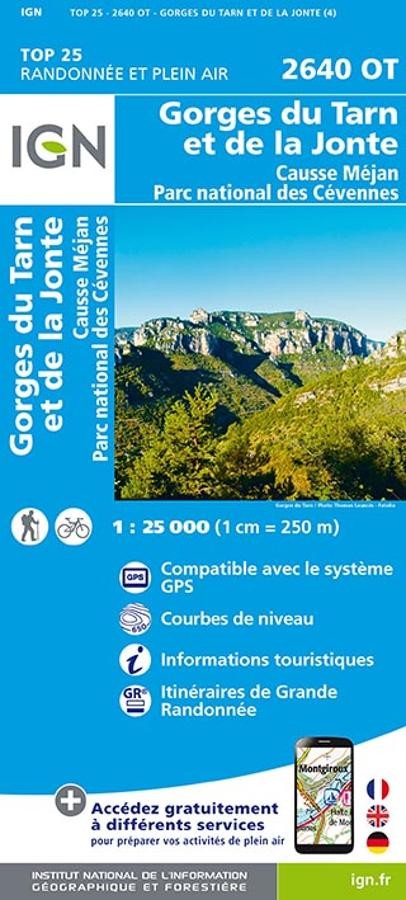 Carte IGN gorges du tarn la jonte causse mejan parc nationel cevennes 2640OT série Top 25