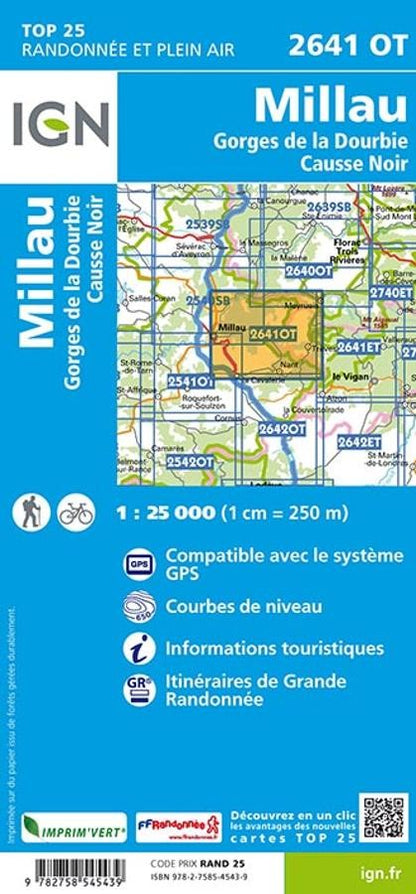 Carte IGN millau gorges de la dourbie causse noir 2641OT série Top 25