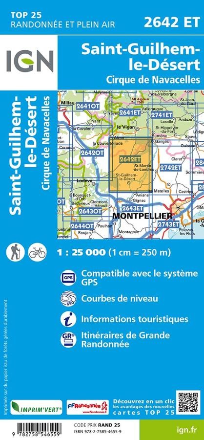 Carte IGN saint guilhem le desert cirque de navacelles 2642ET série Top 25