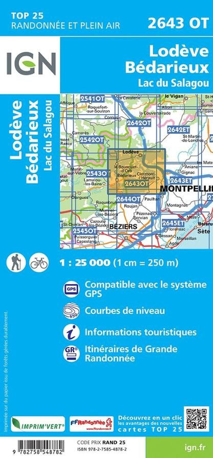 Carte IGN lodeve bedarieux 2643OT série Top 25