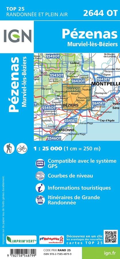 Carte IGN pezenas murviel les beziers 2644OT série Top 25