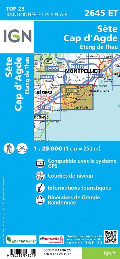 Carte IGN sete cap adgde etang de thau 2645ET série Top 25